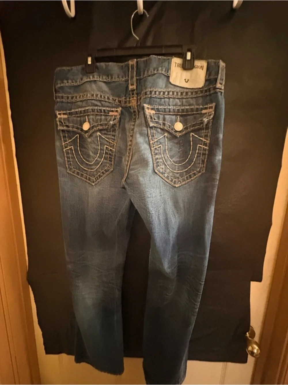 True Religion Men's Dark Blue Bootcut Jeans with Contrast Stitching